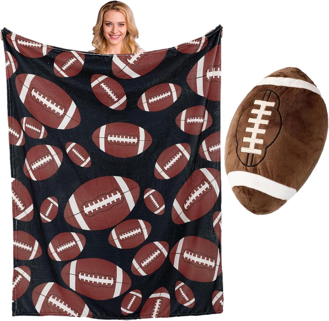 Football Throw Blanket Gift for Boys Men with Plush Pillow, 50 x 60 Inches Soft Flannel Football Blankets with Fluffy Pillow for Men Couch Sofa Bed Sports Rugby Lover Team Gifts Decoration