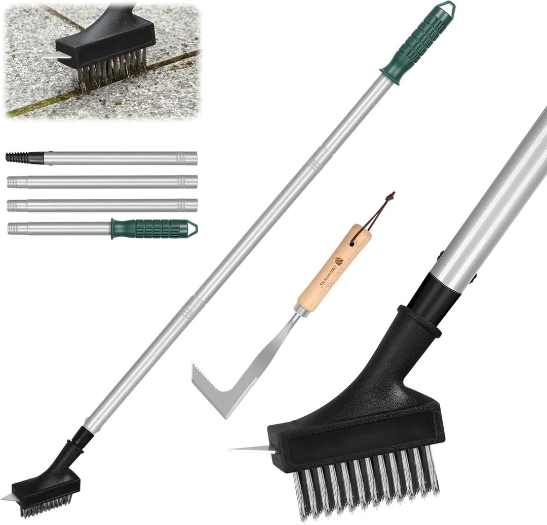 ORIENTOOLS Weed Brush,Long Handle Weed Brush Weed Brush,Patio Remover Tool Whith Stainless Steel Angled Head,Acistles Patio Cleaner Wire Brush 134cm 4-Section Handle