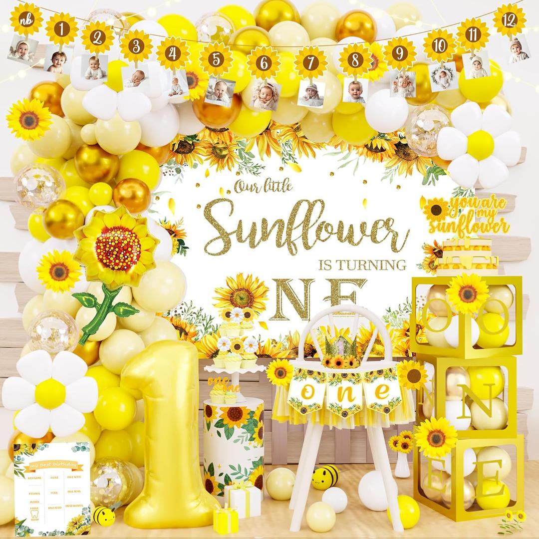 174pcs Sunflower 1st Birthday Party Decorations, Sunshine First Birthday Supplies Dcor Kit, Sunflower Balloon Backdrop Banner Cake Cupcake Topper Crown for Yellow Sunflower 1st Birthday Party