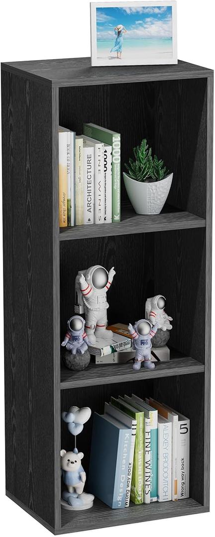3 Tier Bookshelf, Narrow Bookcase for Small Spaces, Wooden Book Case Bookshelves Storage Organizer for Bedroom Living Room Home Office (Black, 3 Cube)