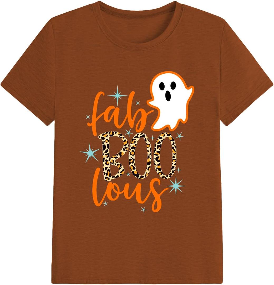 Halloween Shirts Women Boo Leopard Ghost T-Shirt Halloween Spooky Season Tee Tops (Brown, XL)