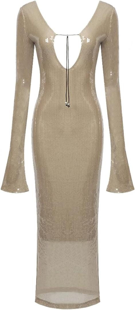 meilun Deep V Dress with Drawstring Long Sleeve Sequin Dress for Women Long Gown (Large, As Shown)