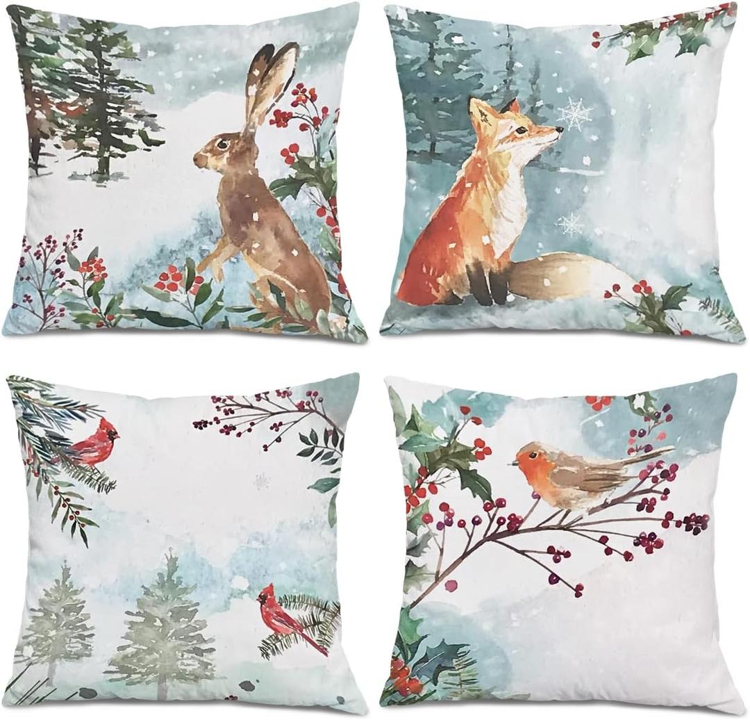 Watercolor Snowy Winter Woodland Animals Decorative Throw Pillow Covers for Holiday, Home Sofa Bed Couch Farmhouse Holiday Decor 18x18 Inch Set of 4