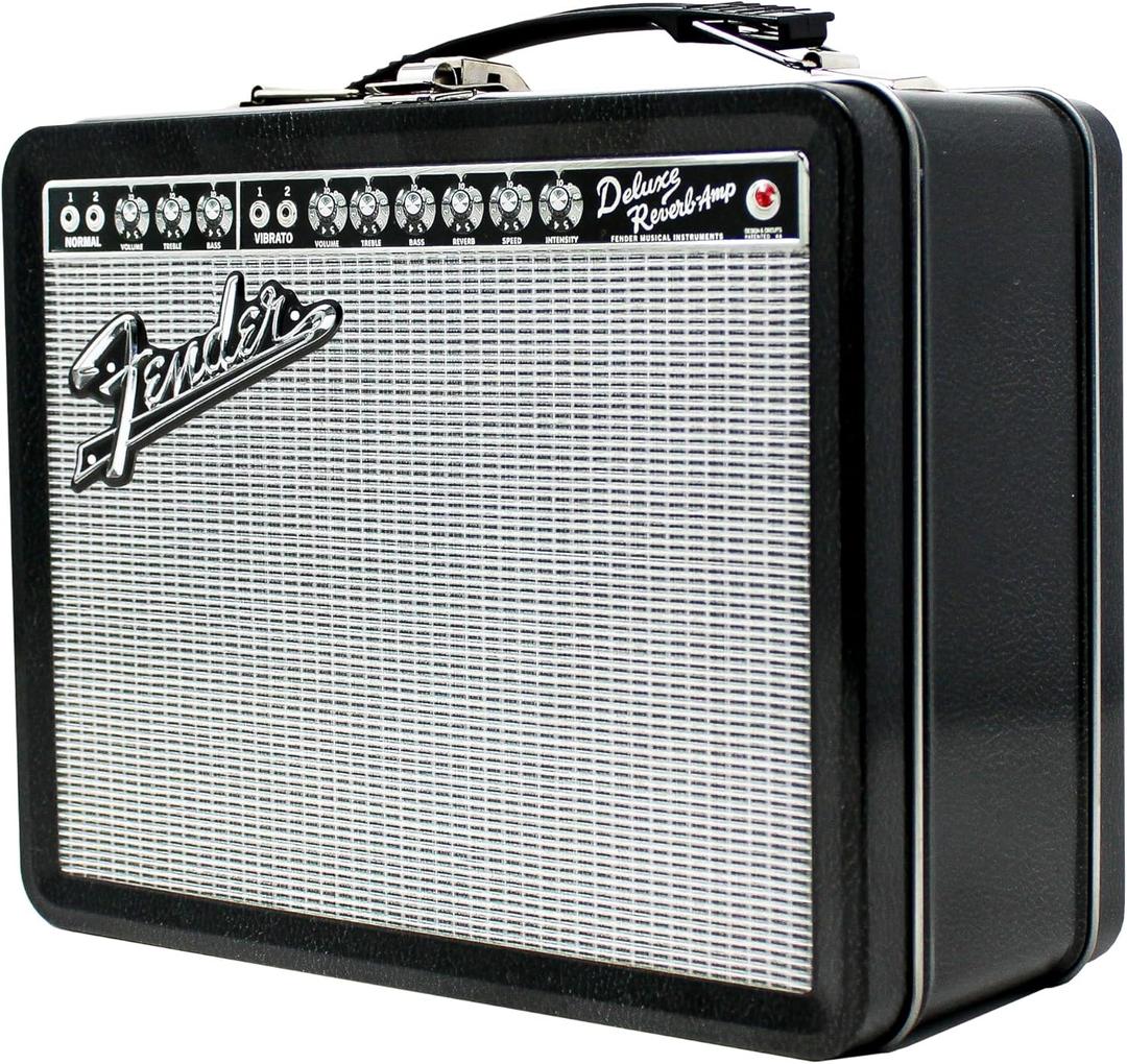 Fender Amp Tin Lunch Box Storage Container- Plastic Handle & Embossed Front Cover - Officially Licensed Fender Merchandise