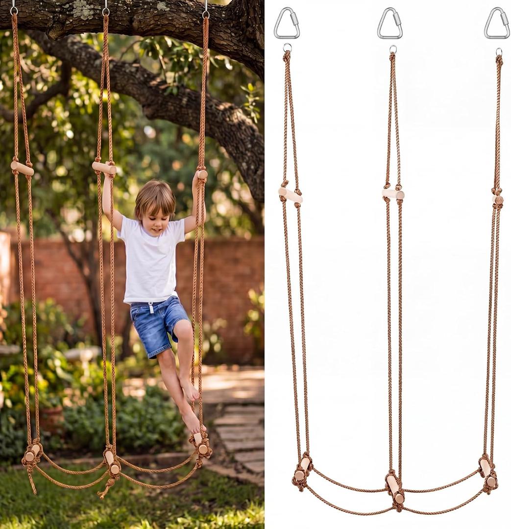 Simgoing Climbing Rope Ninja Ladder for Kids, Indoor & Outdoor Playset, Treehouse Swing, Obstacle Course Accessory, Rickety Rope Bridge(15.7 Inch,Wood Color)