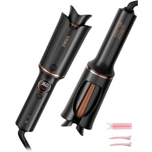 Automatic Rotating Curling Iron  VISKS V668 Pro Ceramic Hair Curler with Keratin-Coated Barrel, Digital Temperature Display, Anti-Scald, 590M Ionic, Tangle-Free, Dual Voltage, 1.25 Inch (Black)