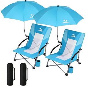 2PCS Folding Beach Chair with Umbrella, Low Profile Portable Sand Chair for Adults, Breathable Mesh Beach Seat with Cup Holder, Heavy Duty Lightweight Camping Chair, Ocean Blue with Light Blue