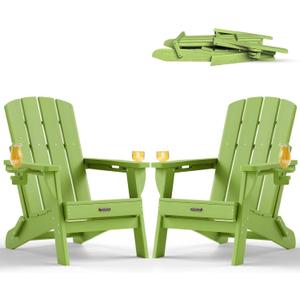 Folding Adirondack Chairs Set of 2, HDPE, 2 Cup Holders, Lime