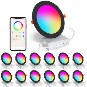 Black Smart Recessed Lighting 6 Inch RGBCW Color Changing 16W LED Downlight with Junction Box,1350 Lumen Recessed Ceiling Light Compatible with Alexa,Dimmable by Bluetooth Control -12Pack