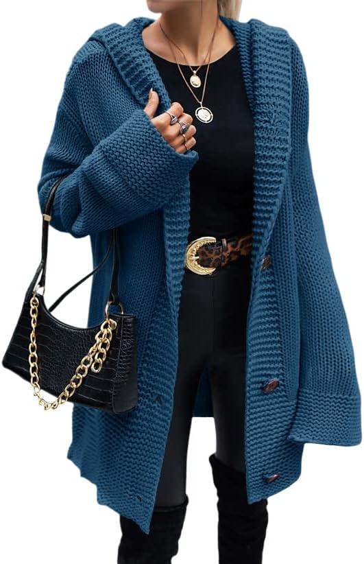 Taodou Women's Hooded Knit Cardigans Button Cable Open Front Sweater Coat Blue