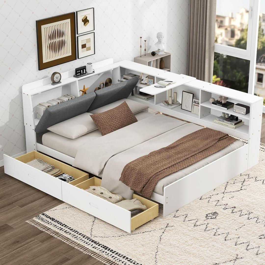 Ball & Cast Full Size Wooden Storage Daybed Frame, Modern Platform Bed with Drawers & Flip Headboard & Shelves, L Shaped Full Floor-Bed w/ Upholstered Headboard&Storage, No Box Spring Needed, White