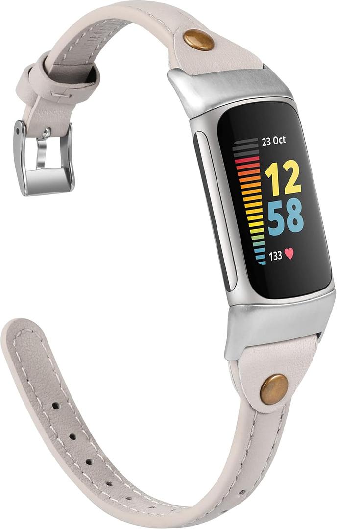 Wearlizer Leather Band Compatible with Fitbit Charge 5/6 Bands - Slim Leather Watch Strap Replacement for Women & Men