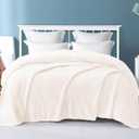 Exclusivo Mezcla Fleece Blanket Queen Size for Bed, Soft Fuzzy Plush Warm Lightweight Jacquard Flannel Blankets for Women, 90x90 Inches, Off White