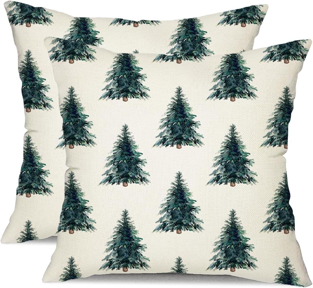 DFXSZ Christmas Pillow Covers 18x18 Inch Set of 2 Green Xmas Tree Decorative White Throw Pillows Winter Christmas Decor for Home Couch ST-007C18