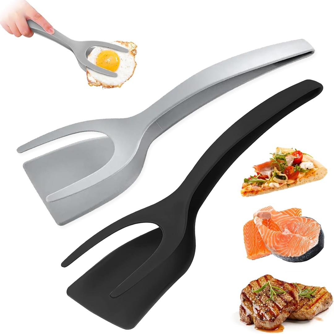 Egg Flipper Spatula 2 in 1 Grip and Flip Spatula Tongs Egg Spatula Flipper Made of High temperature resistant Nylon with Non-Stick Coating Egg Flipper for Home Kitchen Cooking Tool, Black And Gray