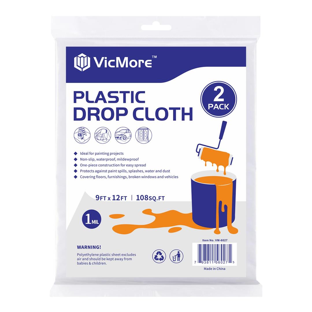 VicMore 2-Pack Plastic Drop Cloth 9x12 Feet - Waterproof and Clear Tarp for Painting, Furniture Protection, and Floor Covering - Durable Multipurpose Sheeting