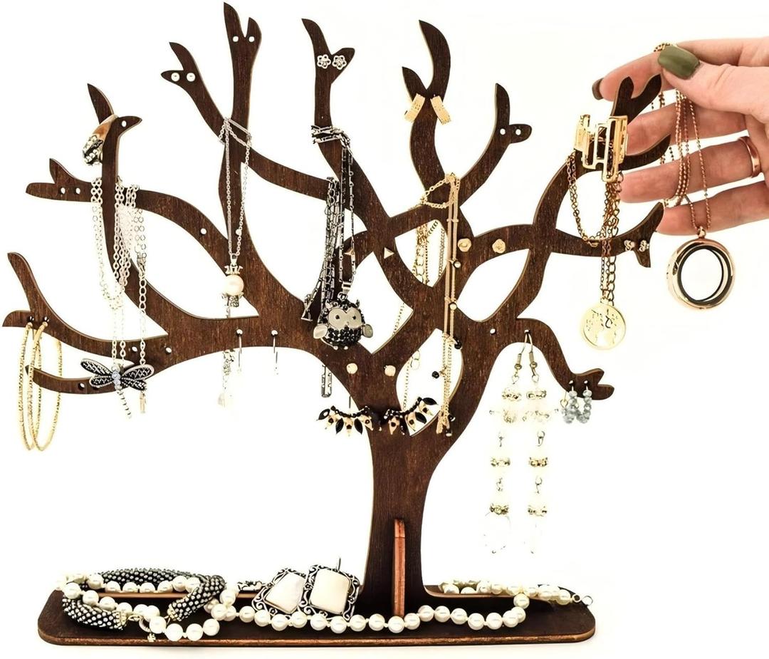 LEKAYIHU Wooden Jewelry Tree Necklace Holder,9 Inch Jewelry Stand Creative Ring Holder Necklace Suitable Ring Earrings Necklace Bracelet for living rooms, bathrooms,offices (TREE)
