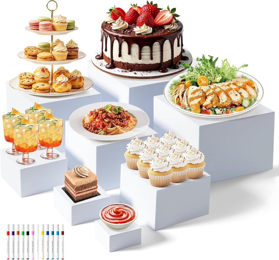 Nestable Buffet Risers - 8 Pcs White Acrylic Food Risers with Signs & Markers Sturdy Dessert Table Display Stands for Parties, Catering, Jewelry & Collectibles (Easy-Store Stackable Cubes: 10'',9'',8", 7", 6", 5", 4", 3")