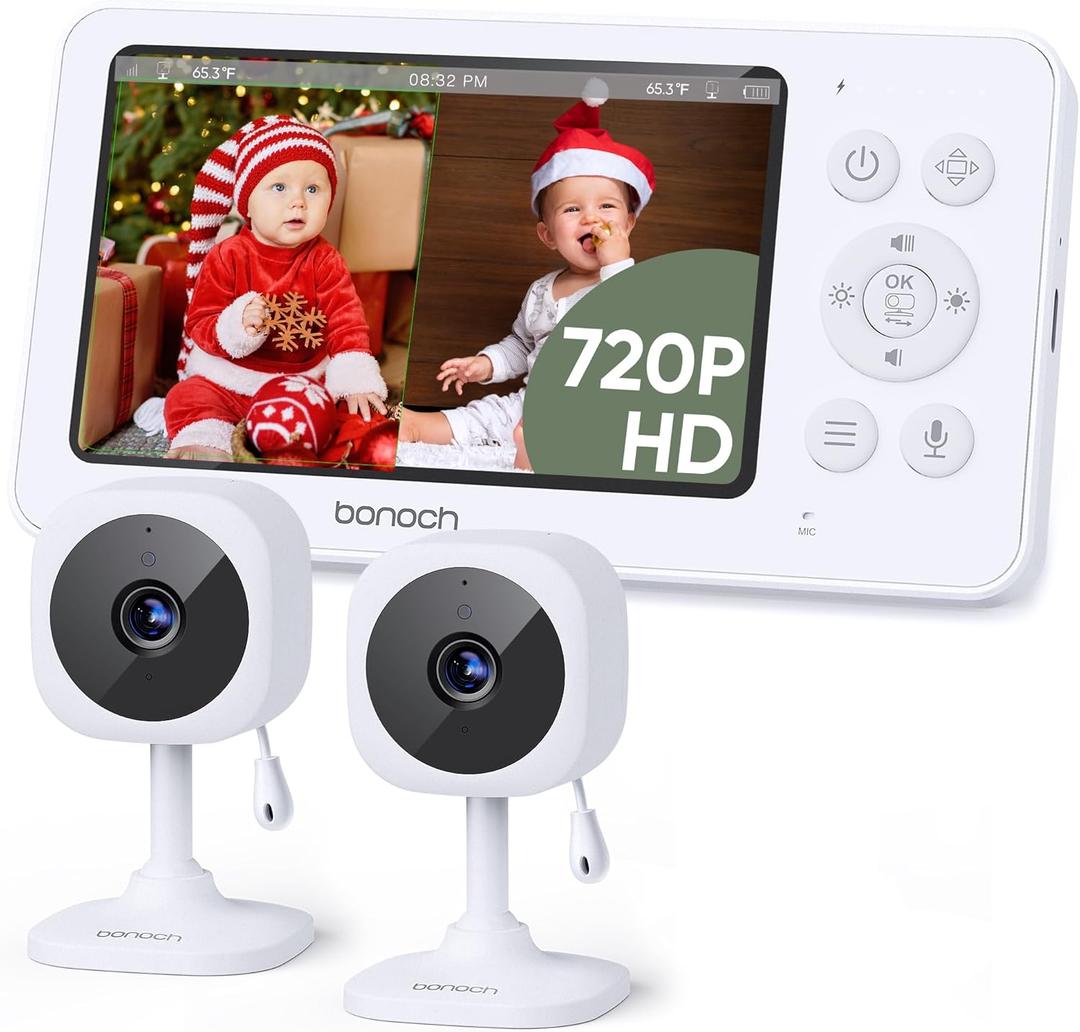 bonoch 4.3" Baby Monitor with 2 Cameras, 720p Split Screen Monitor with Camera and Audio, 28hour Battery, Video Baby Monitor No WiFi, VOX Mode, 2 Way Audio, Auto Night Vision, 2X, 3X, 4X Zoom