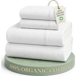 LANE LINEN Eco Friendly 100% Organic Cotton Queen Sheet Set, Soft & Comfy Fully Elasticized 15" Deep Pocket Bed Sheets, Low Pill Naturally Cooling Machine Wash Sbanas Queen- White Bed Sheets (01: Pure White)
