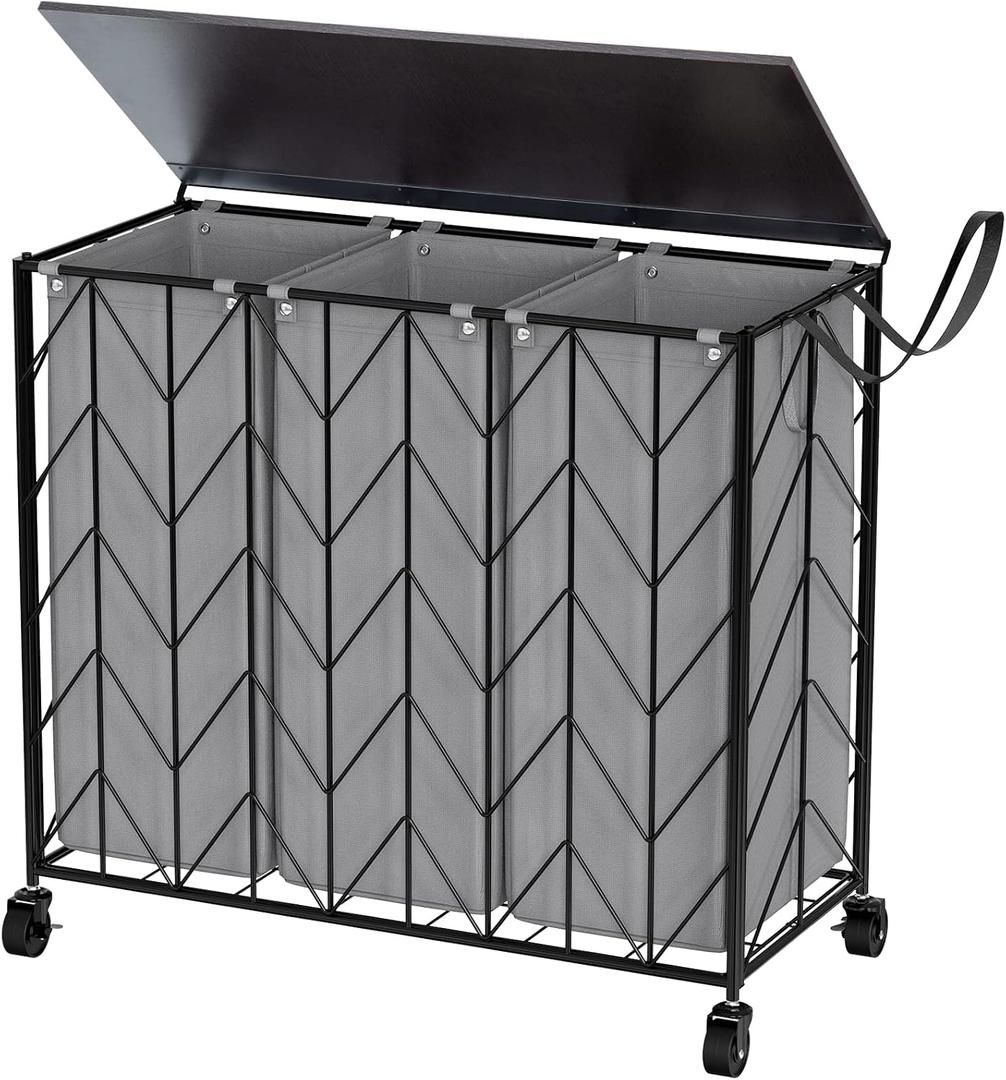 WOWLIVE Laundry Basket with Wheels, 142L Hamper 3 Section with Lid, Dirty Clothes Hamper with Removable Bags, Large Capacity Iron-Made Organizer Laundry Sorter for Dorm, Grey