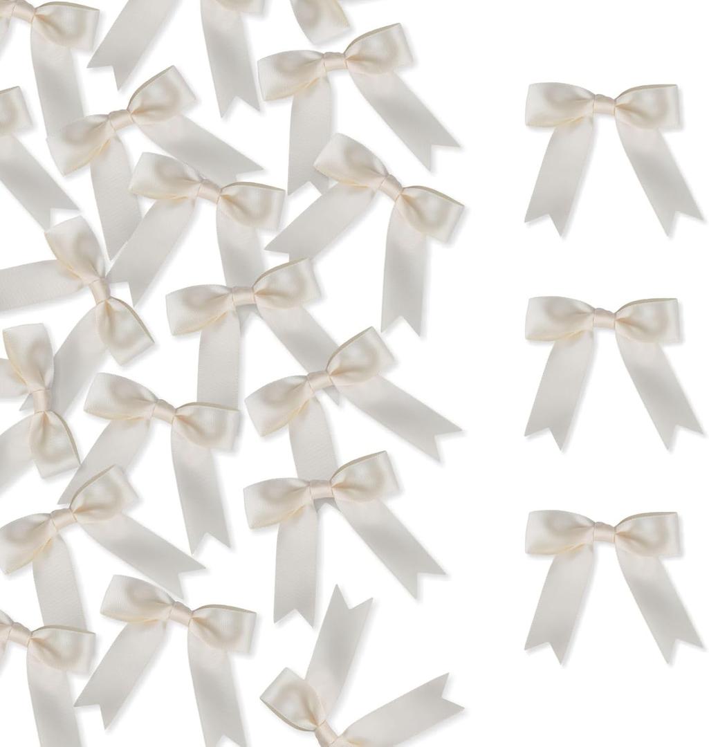 100 Pcs Satin Ribbon Bows with Twist Tie 2.5 Inch Pretied Premade Colored Craft Bows for Gift Wrapping Basket Wedding Baby Shower Birthday Party (Ivory)