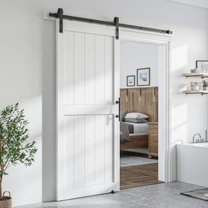 SmartStandard 34 x 84 inch White Sliding MDF Barn Door with 6FT Black Sliding Door Hardware Kit & Handle, Pre-Drilled Ready to Assemble, Waterproof PVC Coating, H-Frame