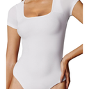 IUGA Bodysuits for Women Tummy Control Short Sleeve Square Neck Bodysuit Women's Slimming Basic Body Suit Tops (Medium, White)