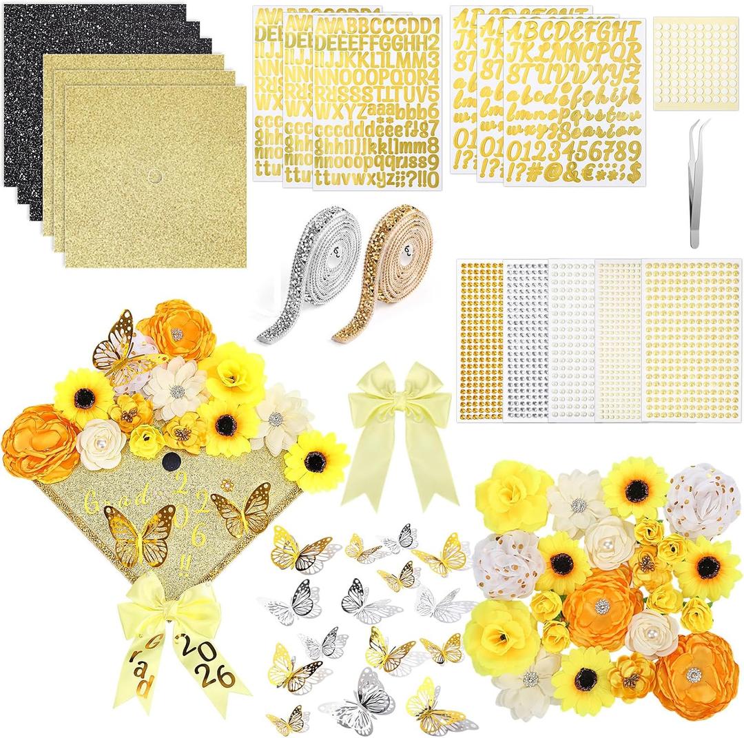Wavwavw 68 Pcs DIY Graduation Cap Decorations Kit, Faux Flowers 3D Butterfly Bow Self Adhesive Rhinestones and Alphabet Letter Stickers for 2026 Grad Cap Topper Decor Graduation Party(Yellow)
