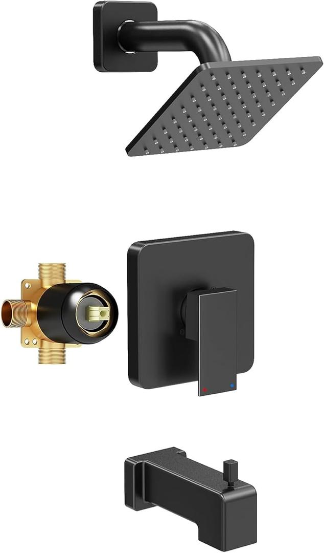 Esnbia Shower Faucet Set, Shower Head and Handle Set with 6-Inch Rain Shower Head and Tub Spout, All Metal Single-Handle Bathtub Shower Faucet Trim Kit (Shower Valve Include), Matte Black