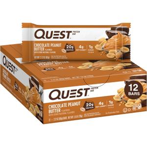 Quest Nutrition Chocolate Peanut Butter Bars, 20g Protein, 1g Sugar, 4g Net Carb, Gluten Free, Keto Friendly, 12 Count (EXP 05/29/26)
