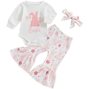 COORALLY Baby Girls St Patricks Day Outfits Shamrock Long Sleeve Romper Bodysuit with Flared Pants Headband Set Size 3-6 M