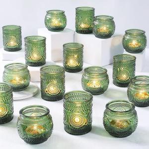 18 Pcs Green Glass Votive Candle Holders Bulk - Assorted Tea Light Holders for Christmas, Tea Party, Fall Wedding, Bridal Shower Table Centerpieces
