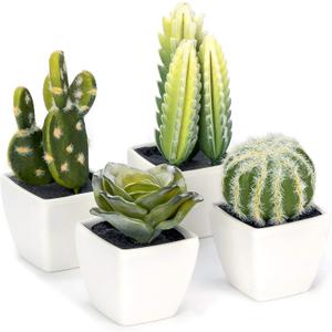 Artificial Mini Succulent & Cactus Plants in White Cube-Shaped Pots for Home Decor, Set of 4