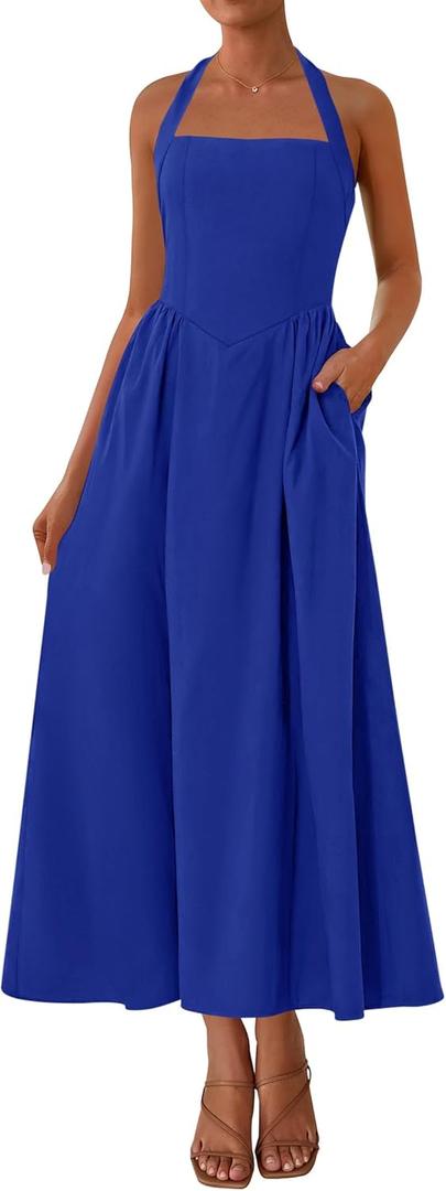 KIRUNDO Summer Dresses for Women 2026 Halter Maxi Wedding Guest Party Cocktail Semi Formal Elegant Classy Long Sundress (Blue, M)