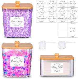 Efluky 3 Pack Laundry Pods Container & Dryer Sheet Holder Set, Clear Laundry Room Organization Containers with 2 Bamboo Lids and Labels, Detergent Pods Storage for Scent Booster, Powder
