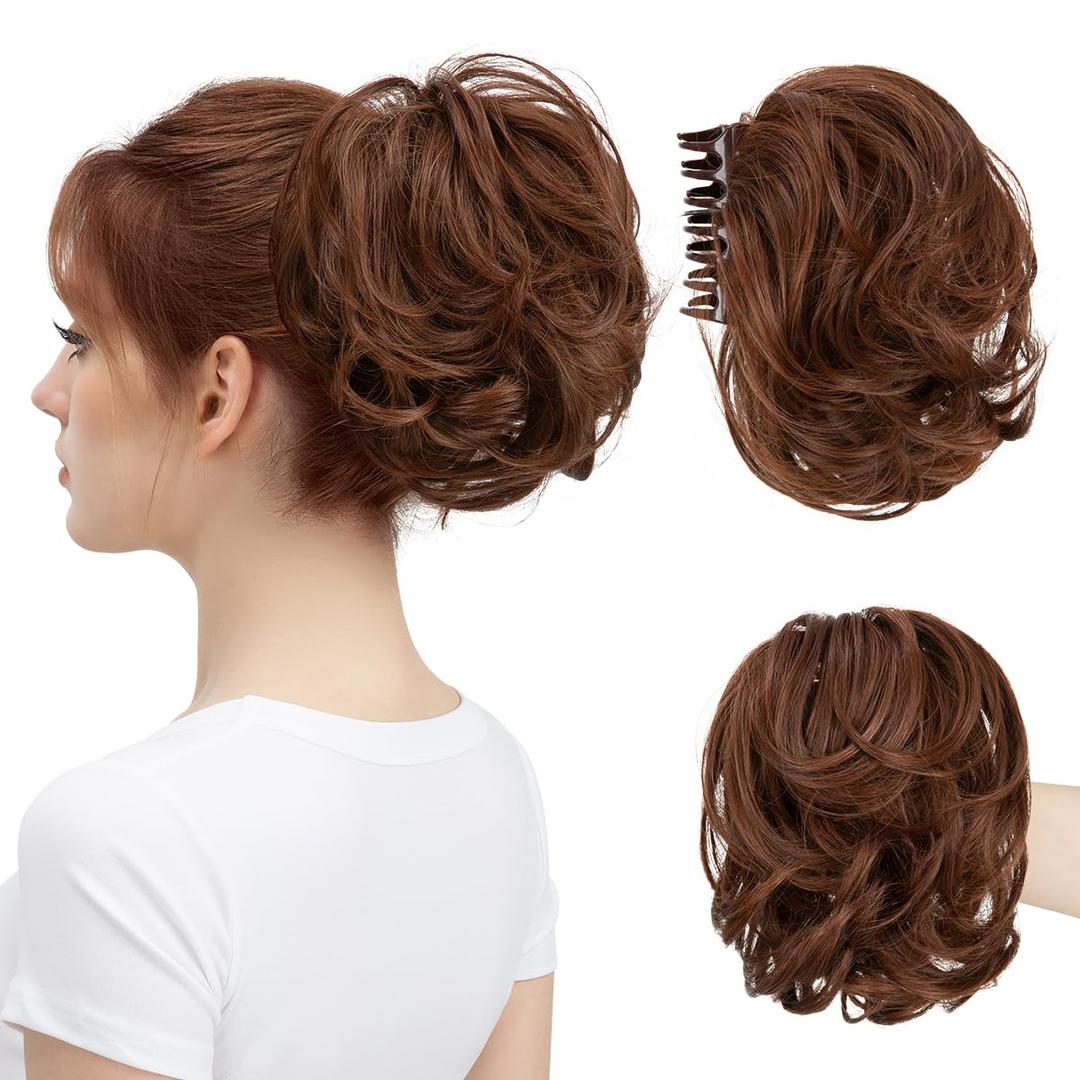 Claw Clip Short Ponytail Messy Bun Hair Piece Bendable Hair Branch Extensions Fluffy Wavy Curly Synthetic Versatile Red Vino Hairpieces