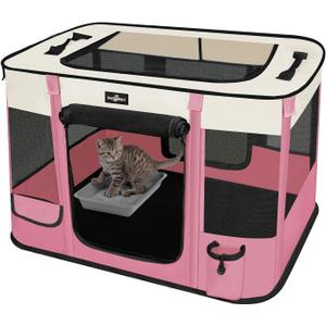 Foldable Pet Kitten Playpen, Upgrade Waterproof Portable Cat Dog Playpen Kennel Tent for Dog Cat, Retractable Shade Cover with Free Carrying Case, Indoor Outdoor Use for Small Pet, Pink