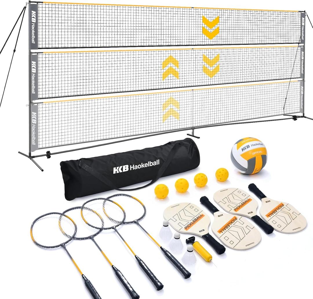 Haokelball Badminton Volleyball Pickleball Net Set, 22FT Portable All-in-One Nets System for Outdoor Beach Indoor with Adjustable Height, Includes Balls Rackets Pump Carry Bag
