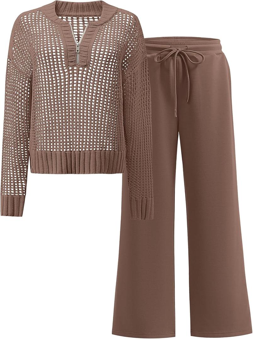 ANRABESS Womens 2 Piece Outfits 2026 Fall Crochet Knit Half Zip Sweater Top Wide Leg Pant Travel Matching Sets Lounge Clothes (Medium, Brown)
