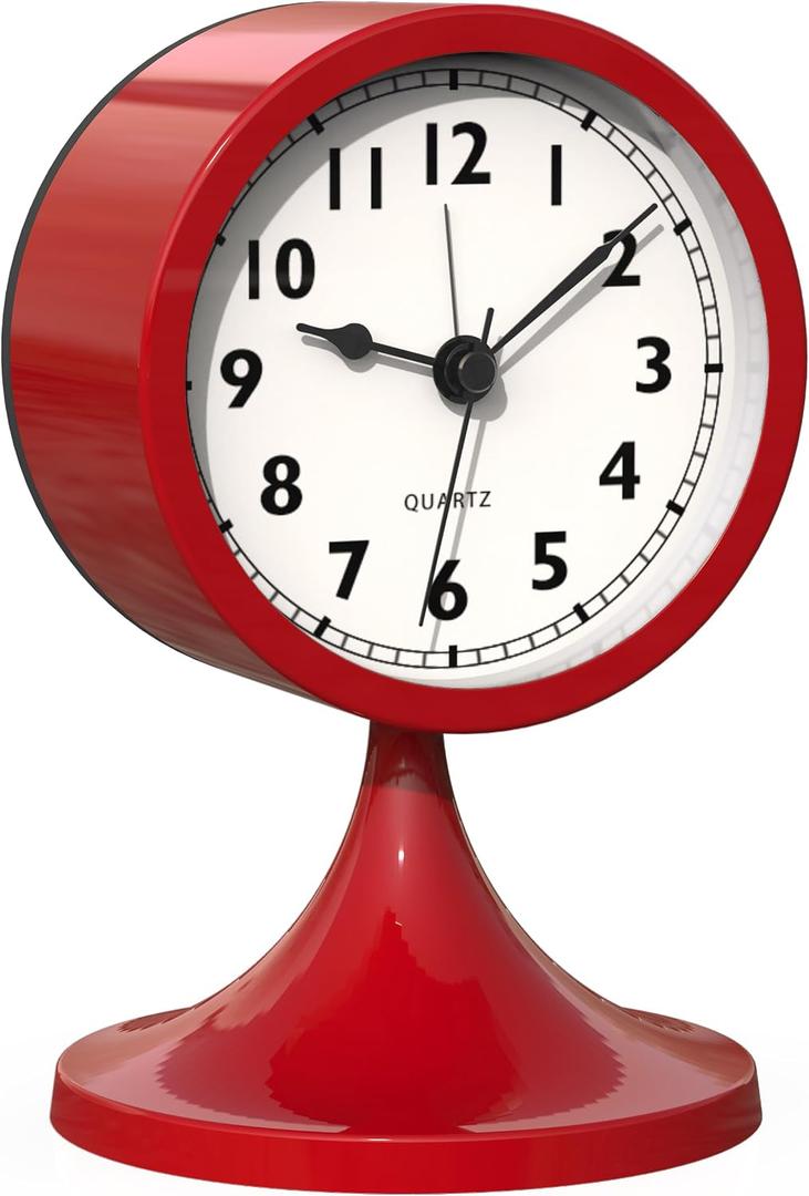AYRELY 3" Cute Analog Alarm Clock,Small Retro Table Clock Battery Operated,Slient Metal Desk Clock with Light for Living Room Decor,Bedroom,Bedside,ShelfRose red