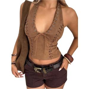 SHENHE Women's Y2k Western Cowgirl Top Deep V Backless Faux Suede Hippie 70s Halter Crop Top (Medium, Brown)