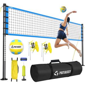 Portable Volleyball Net Set for Backyard, Beach & Outdoor - Regulation Size, Height-Adjustable Poles, PU Volleyball with Pump, Carrying Bag (Blue)