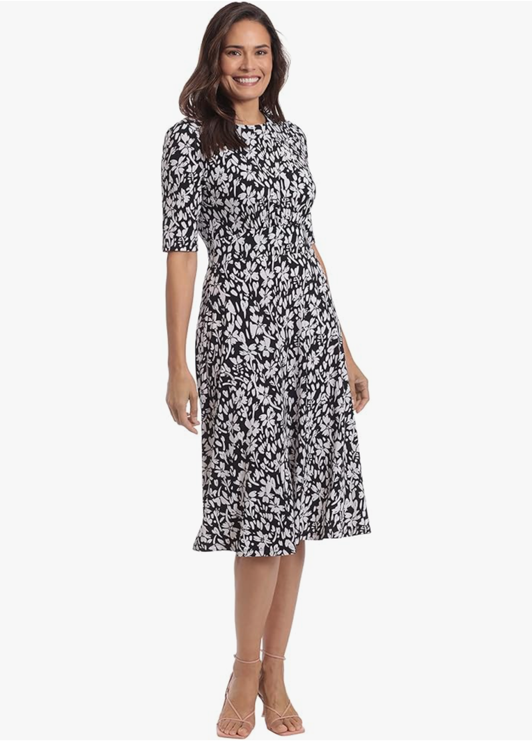 London Times Womens Elbow Sleeve A-Line Midi-Pretty Garden Party Special Occasion Wedding Guest Dress, Black/ Sugar Swizzle, 8