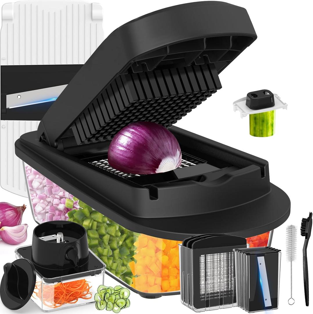 12 Blade All-in-1 Vegetable Chopper Mandoline Slicer with Container, Spiralizer with Containers, Food Chopper, Onion Chopper, Veggie Cutter for Salad, Kitchen Gadgets Accessories Essentials, Black