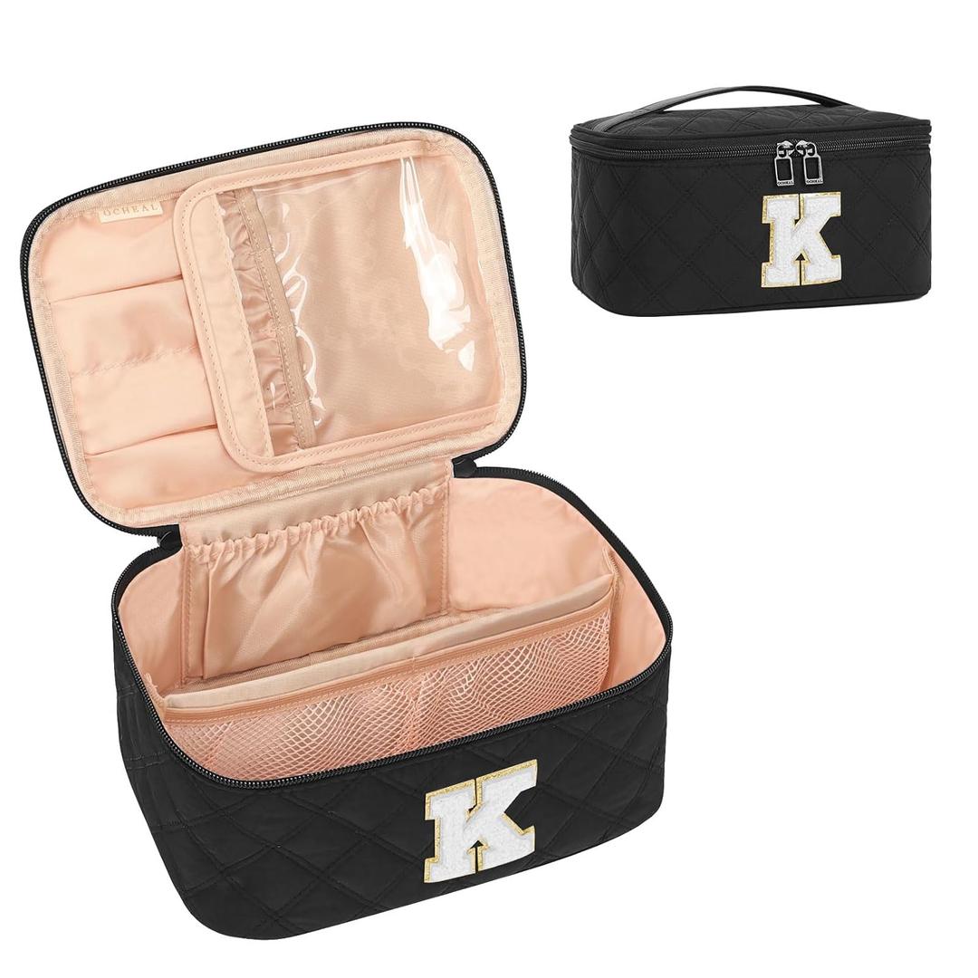 OCHEAL Makeup Bag Valentines Day Gifts for Women, Monogram Cosmetic Bag Black Travel Makeup Case Beauty Toiletry Bag Organizer Personalized Gifts for Girls Bridesmaid, Sister, Wife, Friends Initial K