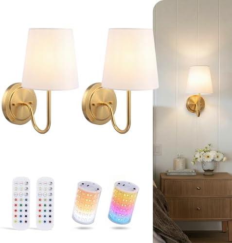 CLOUDY BAY 10000mAh Battery Operated Wall Sconces,Up to 100 Hours with Rechargeable RGB Dimmable Magnetic Bulb,Cordless Wall Lighting Fixtures with Remote for Bedroom,Soft Gold,2 Pack-12inch