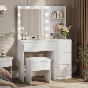 Vanity Desk with Mirror and 12 LED Lights, Makeup Vanity Table with USB & Power Outlets, 4 Drawers and Hairdryer Holder, Padded Stool with Storage, White