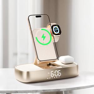 Bluetooth Speaker Alarm Clock with Wireless Charging, 15W Safe Fast Wireless Charger Station Phone Stand, 3 Level Bedside Night Light Protable Speaker, Mom Gifts Dual Digital Alarm Clocks for Bedrooms