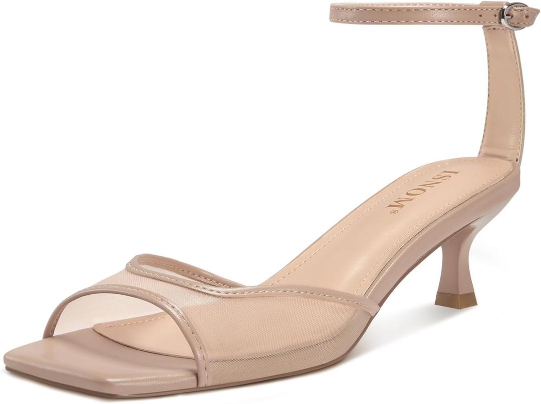 ISNOM Womens Mesh Kitten Heels Sandals Square Toe Ankle Buckle Strap Low Heels Comfort Summer Dress Shoes (8, Matte Nude)